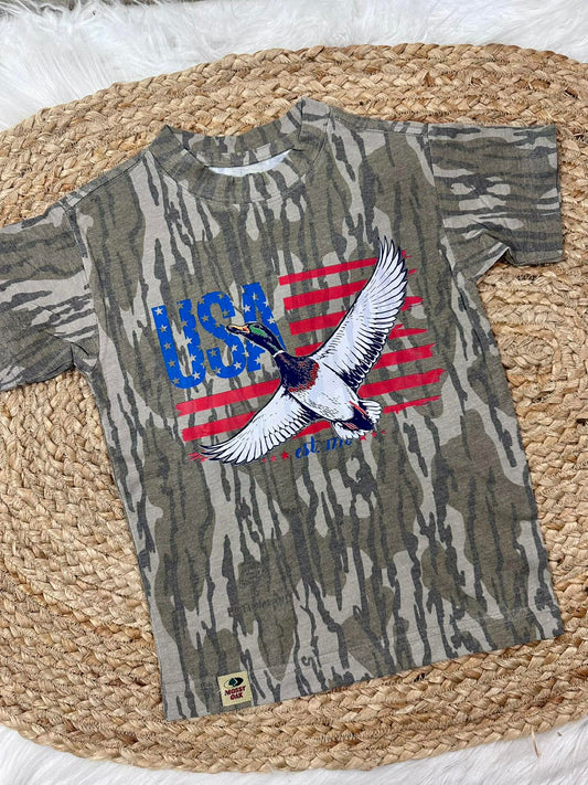 Camouflage t-shirt with USA and mallard duck like  eagle design on a woven mat