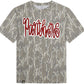Camouflage t-shirt with 'Panthers' text in red on a white background
