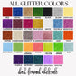 Chart displaying various glitter colors with corresponding names, branded as 'dash forward wholesale'.