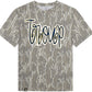 Camouflage-patterned t-shirt with 'Torque' branding on a white background