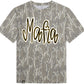 Camouflage t-shirt with 'Mafia' text on a white background