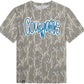 Camouflage-patterned t-shirt with 'Cougars' text in blue on a white background