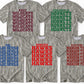 Five short-sleeve crewneck t-shirts with a gray and white camouflage pattern, each featuring a different team graphic in red, blue, or green text.