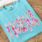 Chalky Mint Light blue tee sweatshirt with floral graphic 'nana' dtf print text on a textured surface
